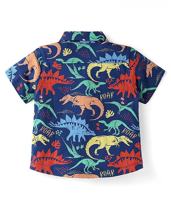 Babyhug Single Jersey Knit Half Sleeves Dino Printed Shirt & Shorts Set - Navy Blue & Beige