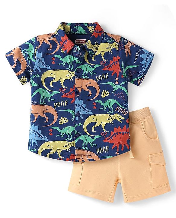Babyhug Single Jersey Knit Half Sleeves Dino Printed Shirt & Shorts Set - Navy Blue & Beige