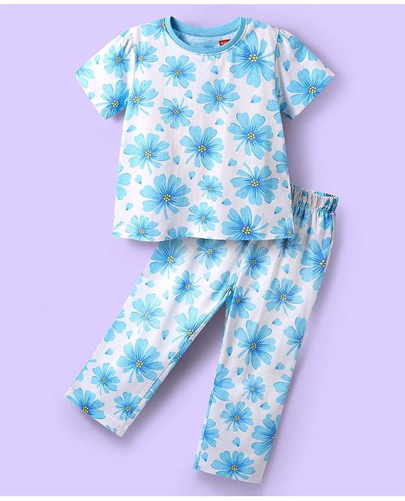 Babyhug Cotton Knit Half Sleeves Night Suit With Floral Print - Blue