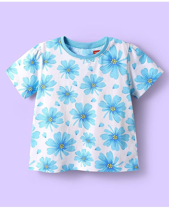 Babyhug Cotton Knit Half Sleeves Night Suit With Floral Print - Blue