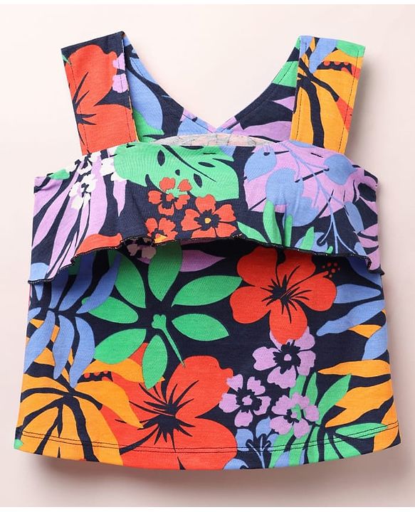 Babyhug Cotton Knit Sleeveless Top With Floral Print & Frill Detailing - Navy Blue