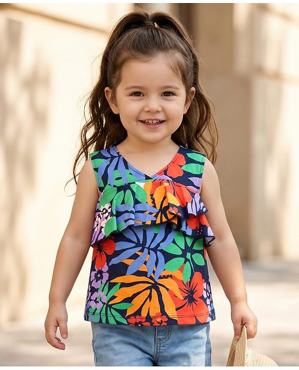 Babyhug Cotton Knit Sleeveless Top With Floral Print & Frill Detailing - Navy Blue