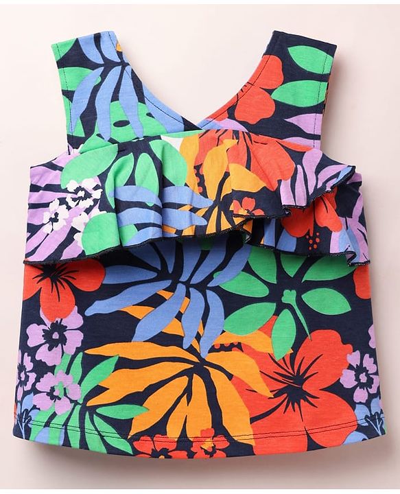 Babyhug Cotton Knit Sleeveless Top With Floral Print & Frill Detailing - Navy Blue