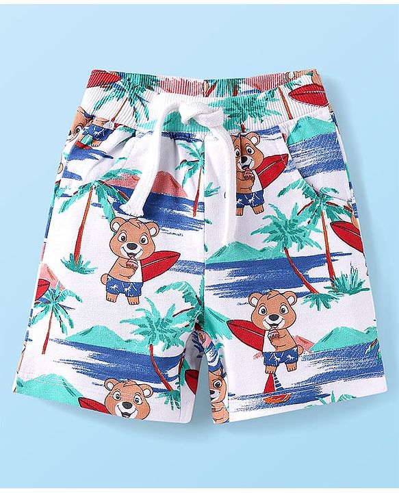 Babyhug Single Jersey Knit Half Sleeves Beach Theme Printed Co-ords Shirt & Shorts Set - White