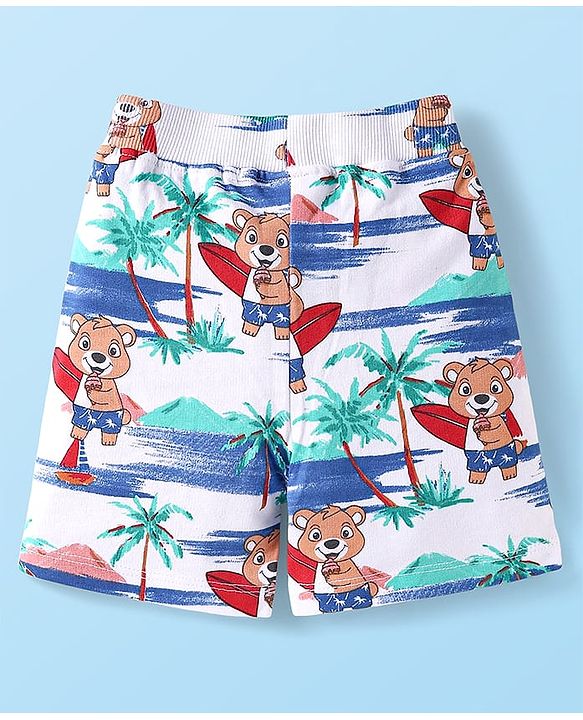 Babyhug Single Jersey Knit Half Sleeves Beach Theme Printed Co-ords Shirt & Shorts Set - White