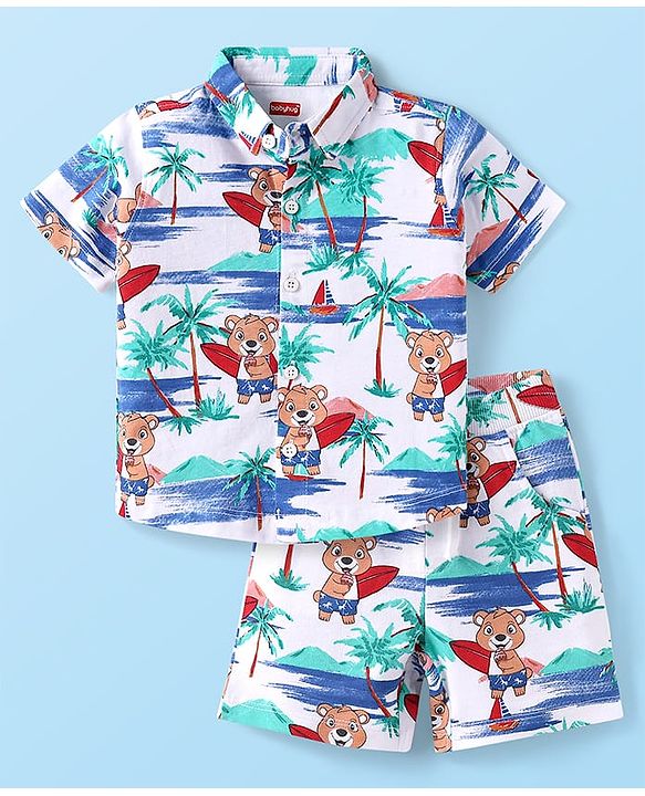 Babyhug Single Jersey Knit Half Sleeves Beach Theme Printed Co-ords Shirt & Shorts Set - White