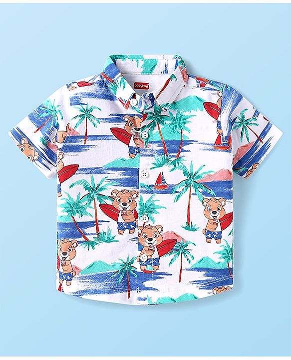 Babyhug Single Jersey Knit Half Sleeves Beach Theme Printed Co-ords Shirt & Shorts Set - White
