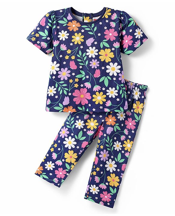 Babyhug Cotton Knit Half Sleeves Night Suit With Floral Print - Navy Blue