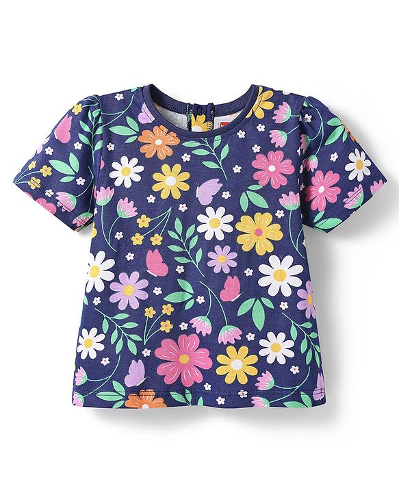 Babyhug Cotton Knit Half Sleeves Night Suit With Floral Print - Navy Blue