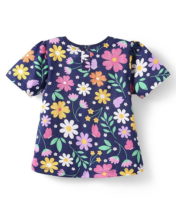 Babyhug Cotton Knit Half Sleeves Night Suit With Floral Print - Navy Blue