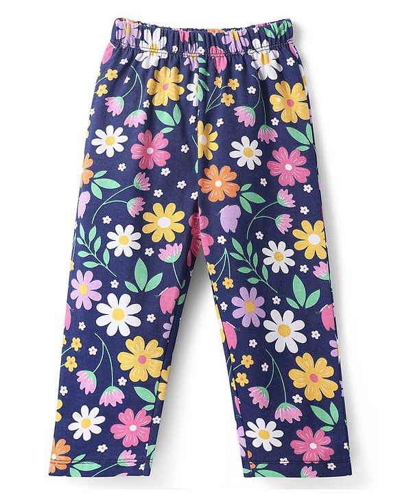 Babyhug Cotton Knit Half Sleeves Night Suit With Floral Print - Navy Blue