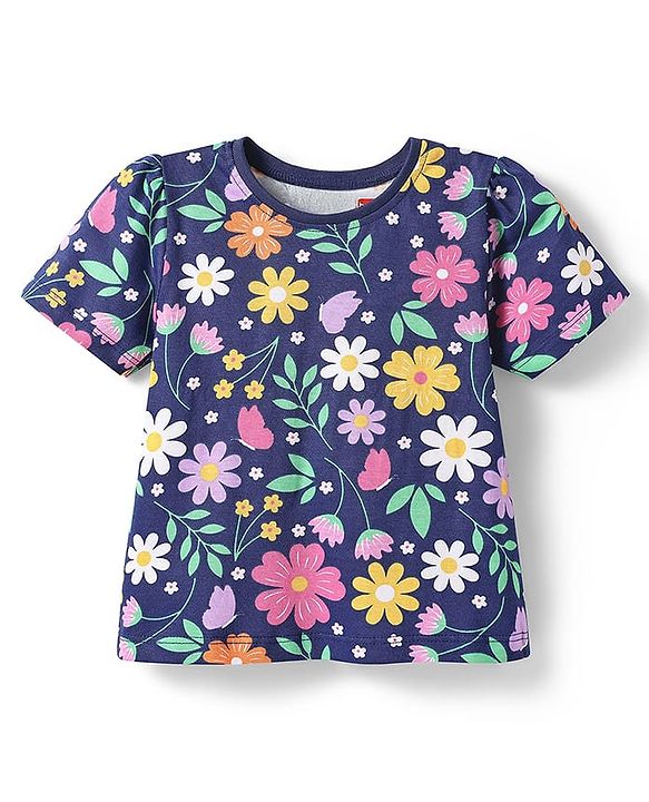Babyhug Cotton Knit Half Sleeves Night Suit With Floral Print - Navy Blue