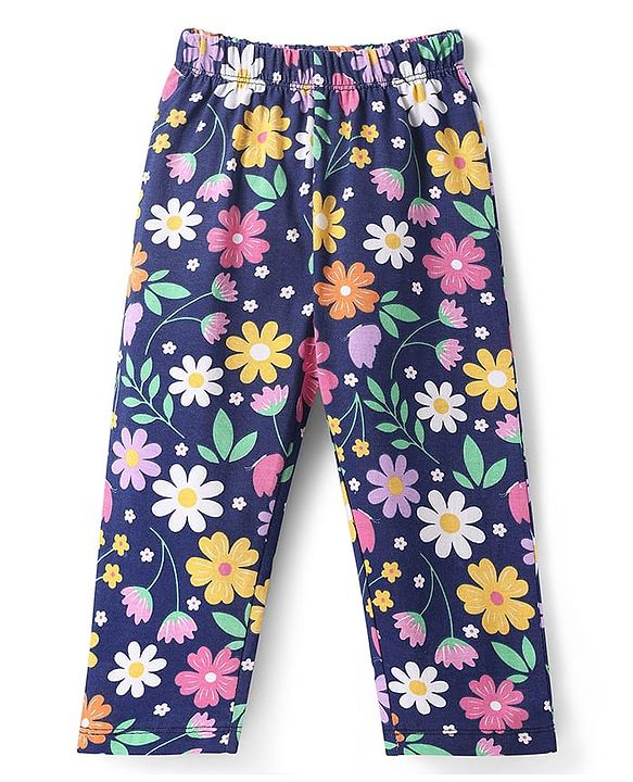 Babyhug Cotton Knit Half Sleeves Night Suit With Floral Print - Navy Blue