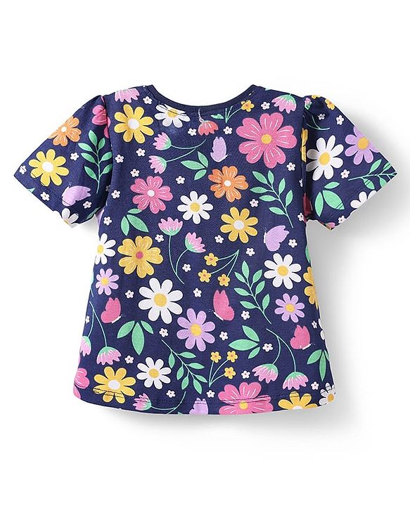 Babyhug Cotton Knit Half Sleeves Night Suit With Floral Print - Navy Blue