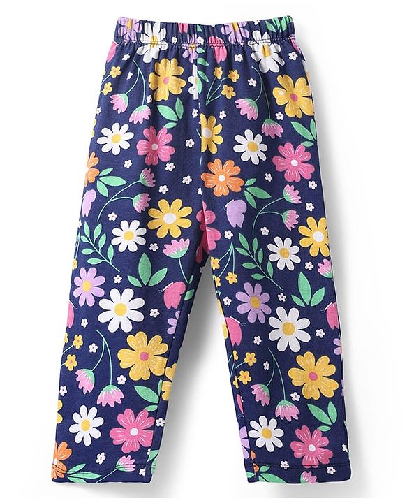 Babyhug Cotton Knit Half Sleeves Night Suit With Floral Print - Navy Blue
