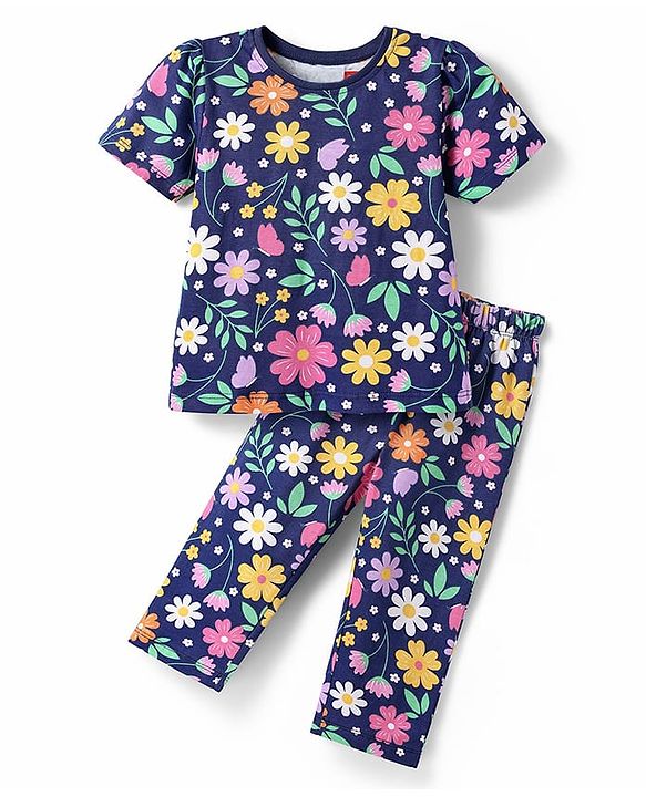 Babyhug Cotton Knit Half Sleeves Night Suit With Floral Print - Navy Blue