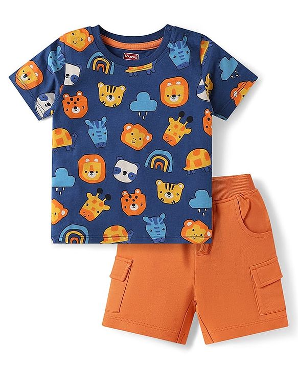 Babyhug Single Jersey Knit Half Sleeves Animal Printed T-Shirt & Shorts Set - Orange & Navy Blue