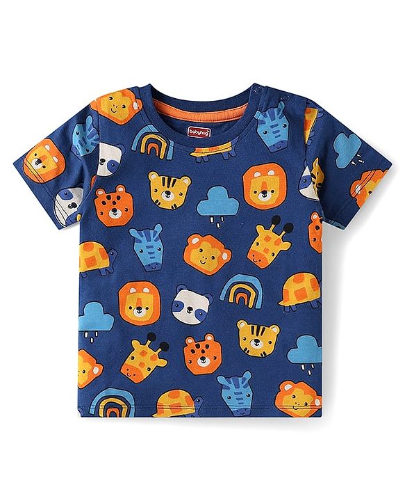 Babyhug Single Jersey Knit Half Sleeves Animal Printed T-Shirt & Shorts Set - Orange & Navy Blue