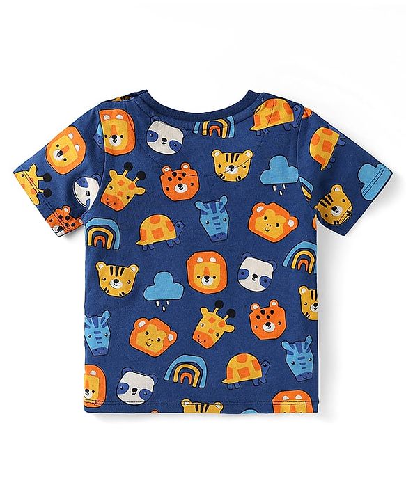 Babyhug Single Jersey Knit Half Sleeves Animal Printed T-Shirt & Shorts Set - Orange & Navy Blue