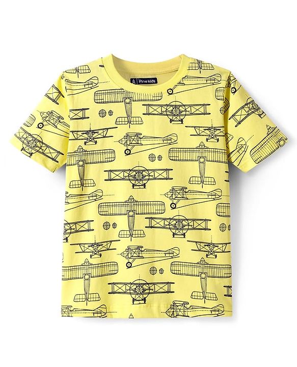 Pine Kids Single Jersey Knit Half Sleeves Shorts Nightsuit With Airplane Print - Lemon Yellow
