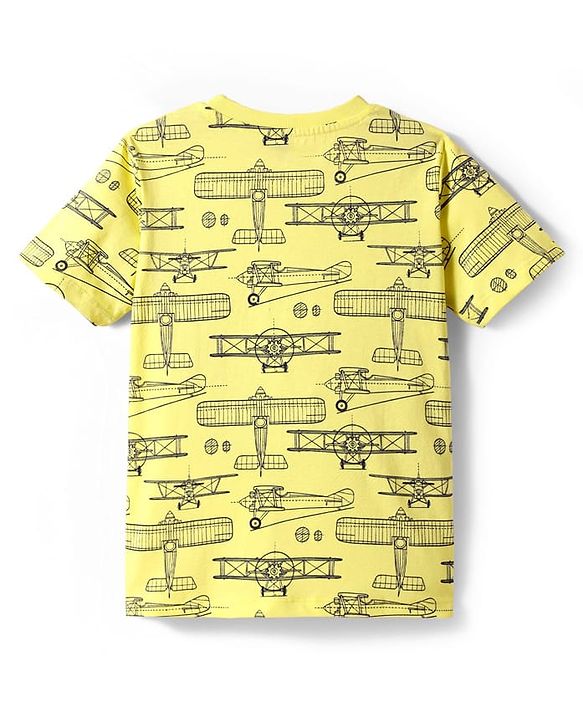 Pine Kids Single Jersey Knit Half Sleeves Shorts Nightsuit With Airplane Print - Lemon Yellow