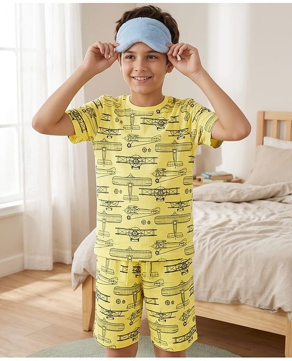 Pine Kids Single Jersey Knit Half Sleeves Shorts Nightsuit With Airplane Print - Lemon Yellow