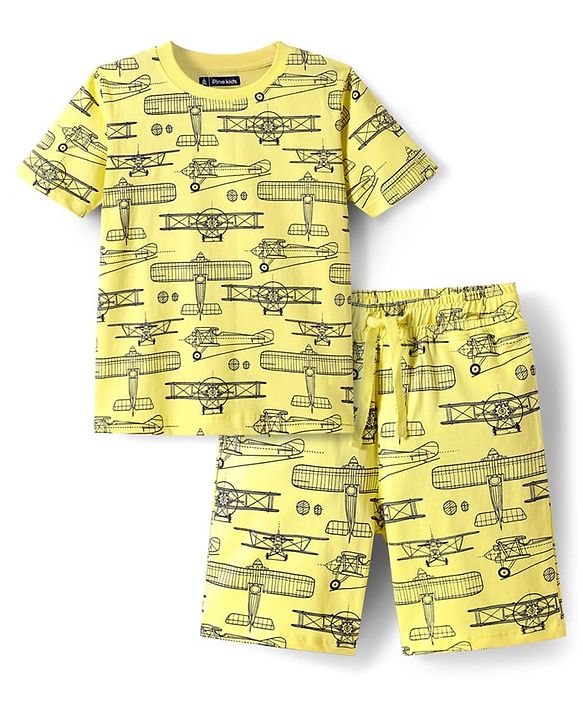 Pine Kids Single Jersey Knit Half Sleeves Shorts Nightsuit With Airplane Print - Lemon Yellow