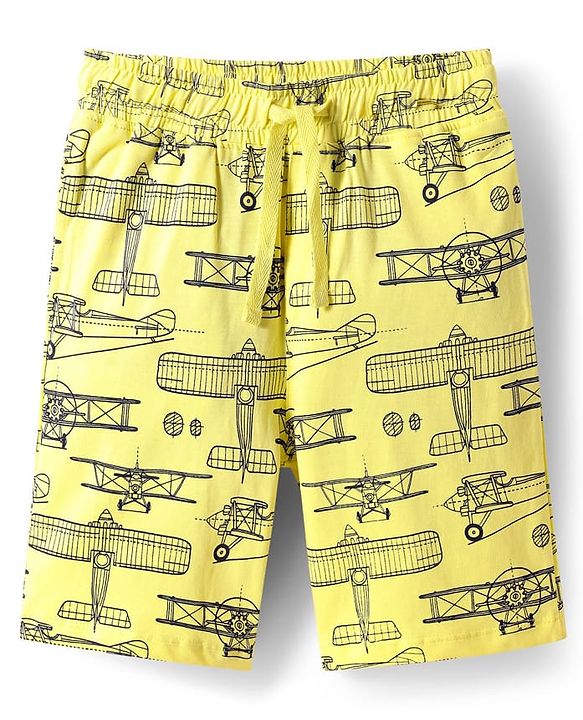 Pine Kids Single Jersey Knit Half Sleeves Shorts Nightsuit With Airplane Print - Lemon Yellow
