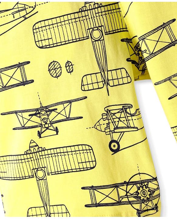 Pine Kids Single Jersey Knit Half Sleeves Shorts Nightsuit With Airplane Print - Lemon Yellow