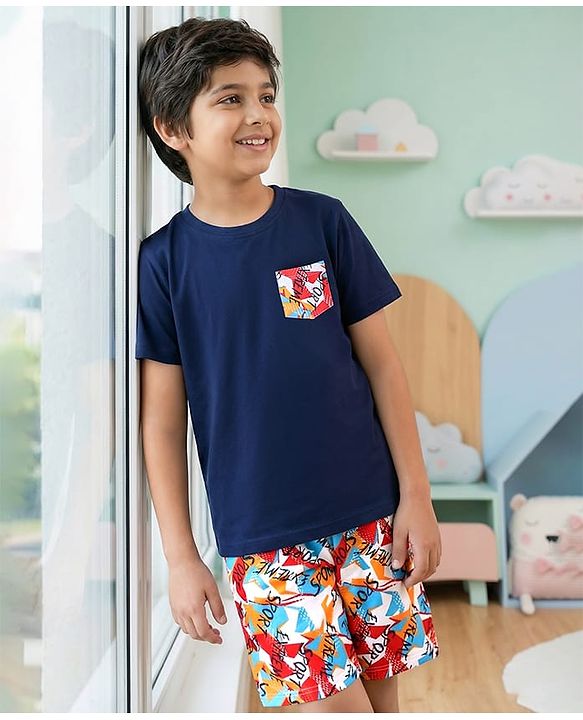 Pine Kids Single Jersey Knit Half Sleeves Shorts Nightsuit With Sport Theme Text Print - Navy Blue