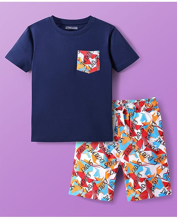 Pine Kids Single Jersey Knit Half Sleeves Shorts Nightsuit With Sport Theme Text Print - Navy Blue