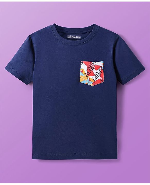 Pine Kids Single Jersey Knit Half Sleeves Shorts Nightsuit With Sport Theme Text Print - Navy Blue