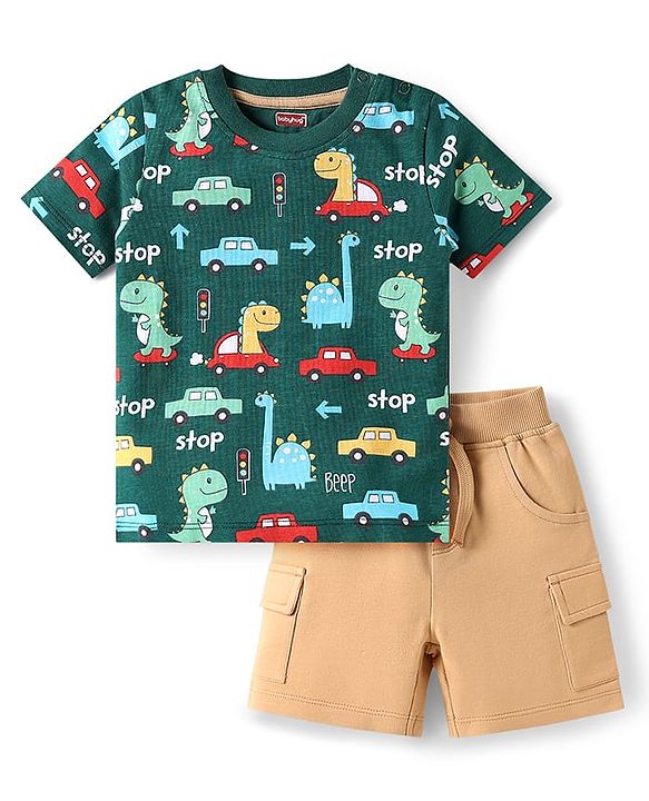 Babyhug Single Jersey Knit Half Sleeves Dino Printed T-Shirt & Shorts Set - Green & Beige