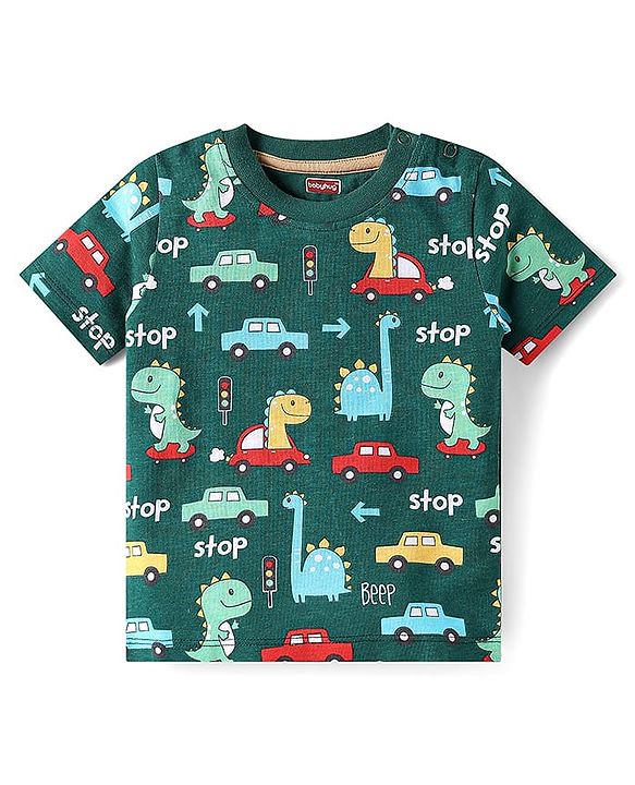 Babyhug Single Jersey Knit Half Sleeves Dino Printed T-Shirt & Shorts Set - Green & Beige