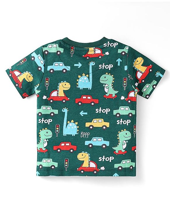 Babyhug Single Jersey Knit Half Sleeves Dino Printed T-Shirt & Shorts Set - Green & Beige