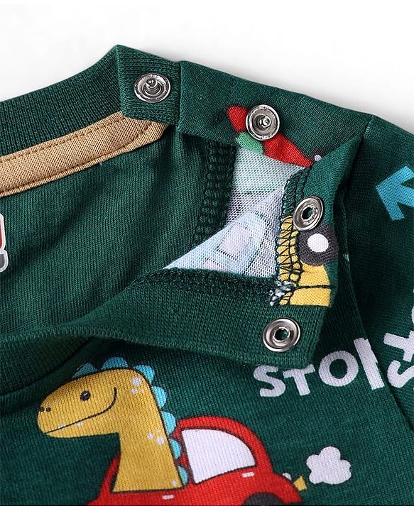 Babyhug Single Jersey Knit Half Sleeves Dino Printed T-Shirt & Shorts Set - Green & Beige