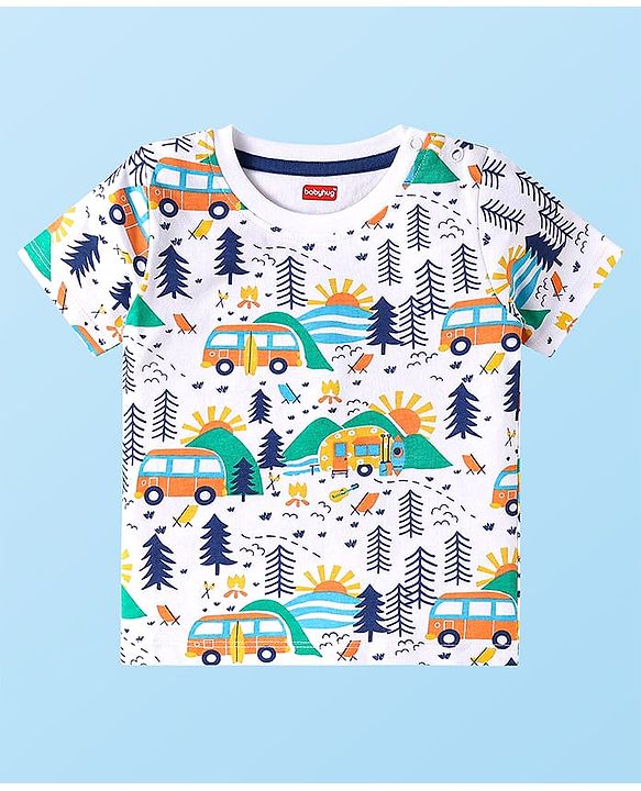 Babyhug Single Jersey Knit Half Sleeves Camping Printed T-Shirt & Shorts Set - White & Blue