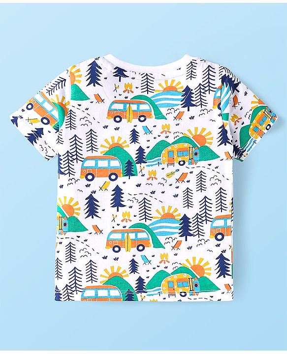 Babyhug Single Jersey Knit Half Sleeves Camping Printed T-Shirt & Shorts Set - White & Blue