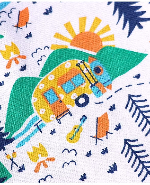 Babyhug Single Jersey Knit Half Sleeves Camping Printed T-Shirt & Shorts Set - White & Blue