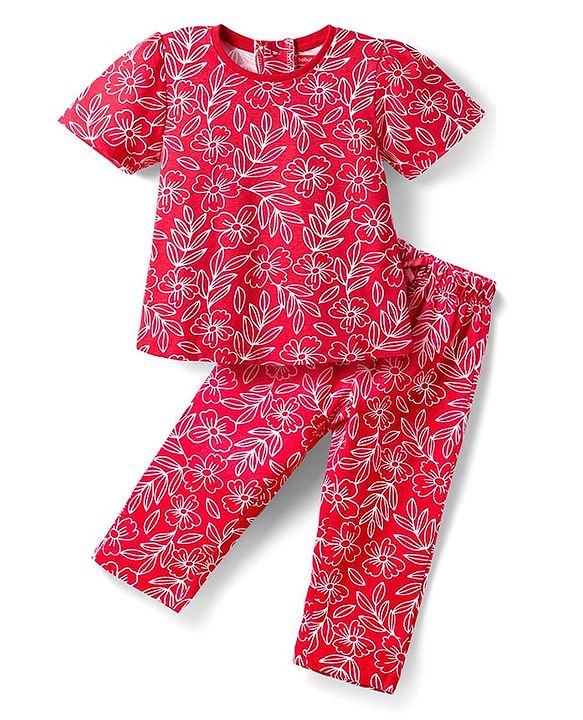 Babyhug Cotton Knit Half Sleeves Co-ords Night Suit with Floral Print - Red
