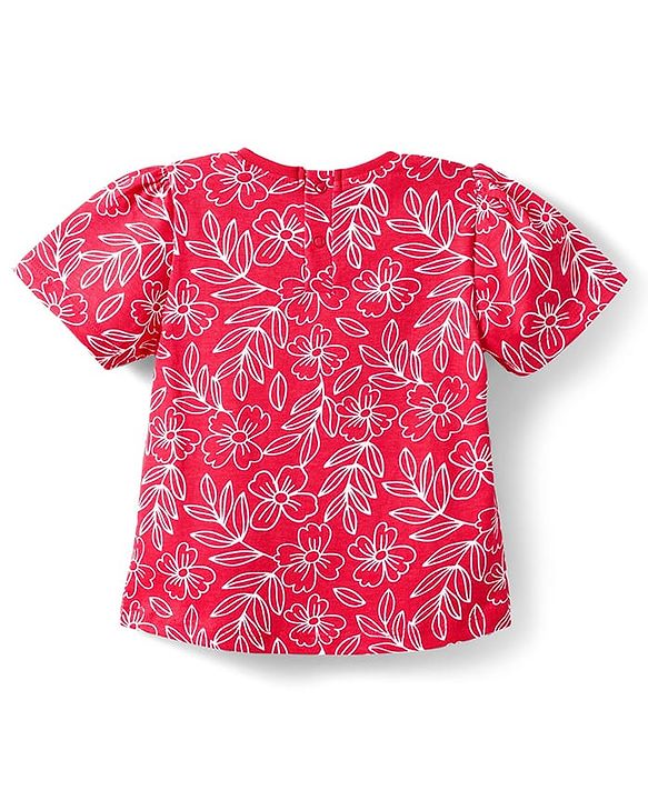 Babyhug Cotton Knit Half Sleeves Co-ords Night Suit with Floral Print - Red