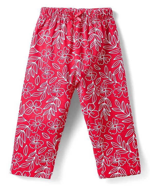 Babyhug Cotton Knit Half Sleeves Co-ords Night Suit with Floral Print - Red