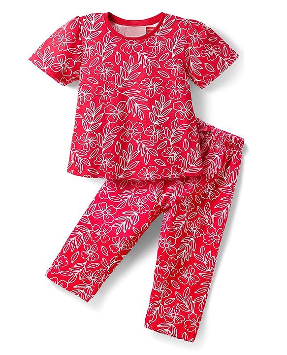 Babyhug Cotton Knit Half Sleeves Co-ords Night Suit with Floral Print - Red