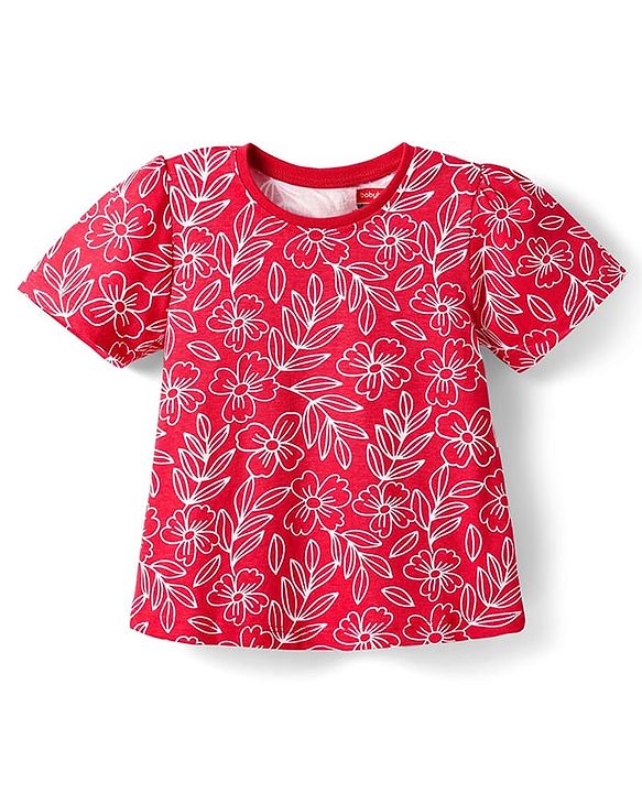 Babyhug Cotton Knit Half Sleeves Co-ords Night Suit with Floral Print - Red