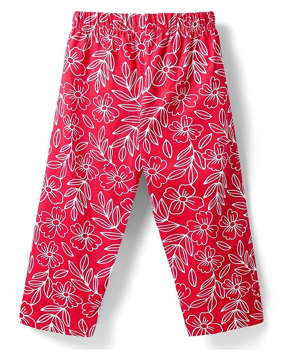 Babyhug Cotton Knit Half Sleeves Co-ords Night Suit with Floral Print - Red