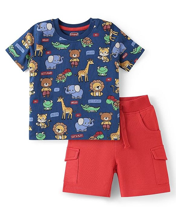 Babyhug Single Jersey Knit Half Sleeves T-Shirt & Shorts Set with Animal Print - Navy Blue & Red