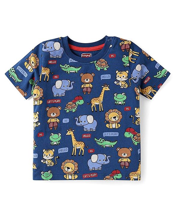 Babyhug Single Jersey Knit Half Sleeves T-Shirt & Shorts Set with Animal Print - Navy Blue & Red