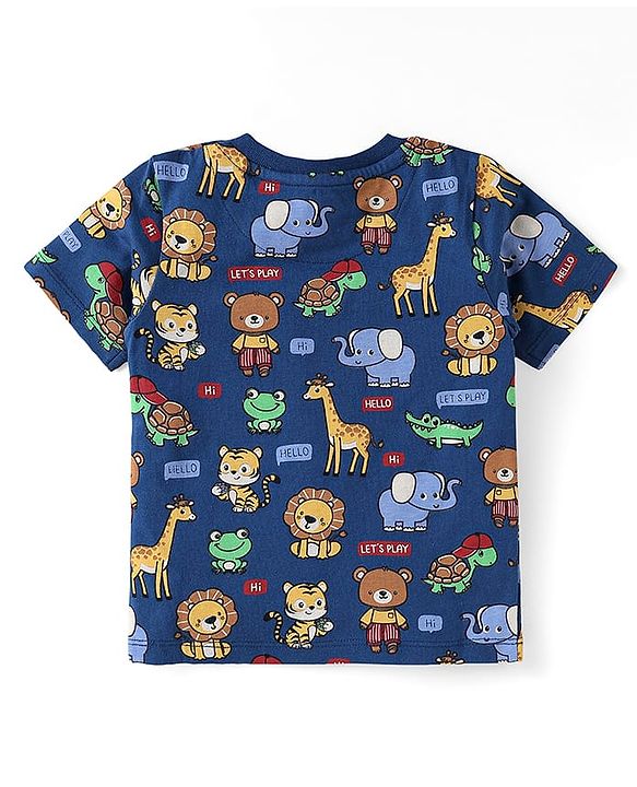 Babyhug Single Jersey Knit Half Sleeves T-Shirt & Shorts Set with Animal Print - Navy Blue & Red