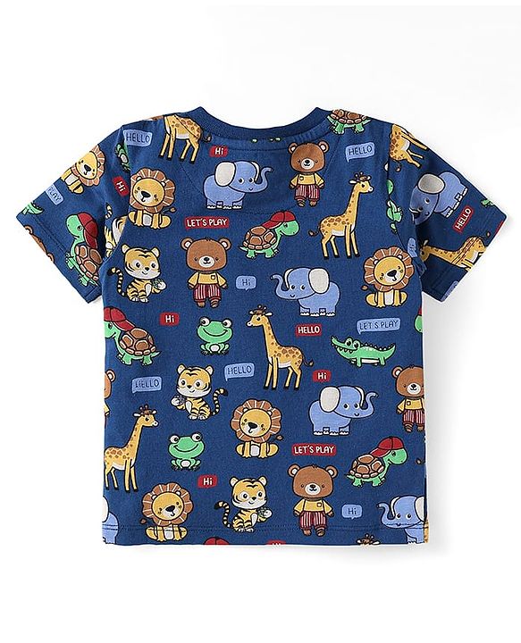 Babyhug Single Jersey Knit Half Sleeves T-Shirt & Shorts Set with Animal Print - Navy Blue & Red