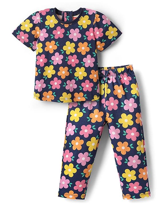 Babyhug Cotton Knit Half Sleeves Co-ords Night Suit With Floral Print - Navy Blue